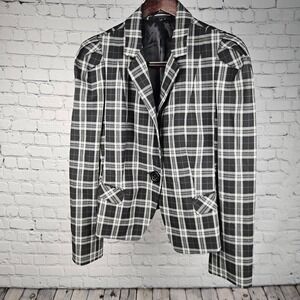 Express Design Studio Womens Plaid Blazer Black White Puff Shoulder Size 10